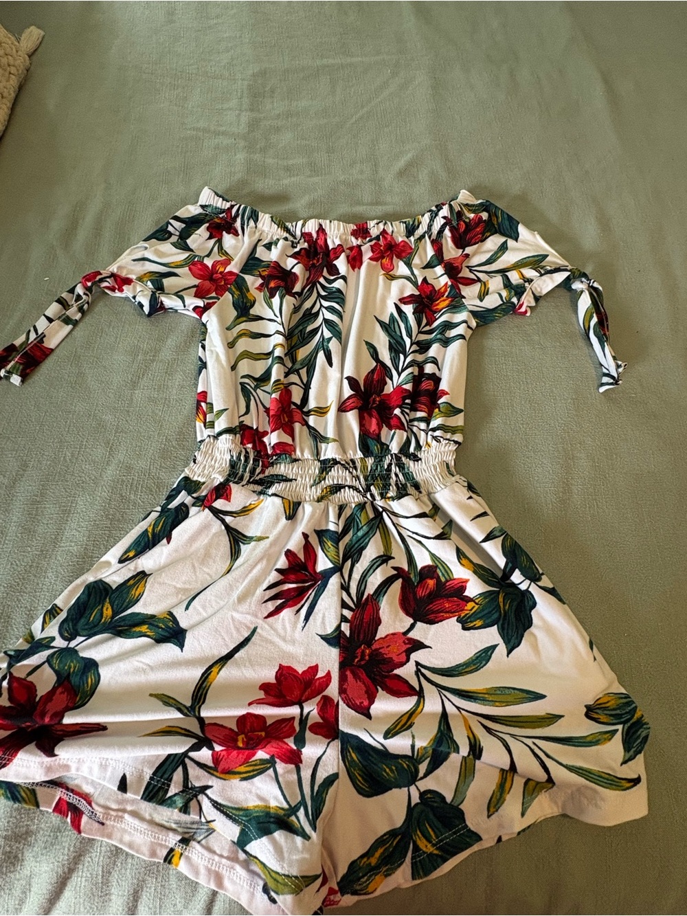 Off-Shoulder White Floral Romper with Red & Green Print
